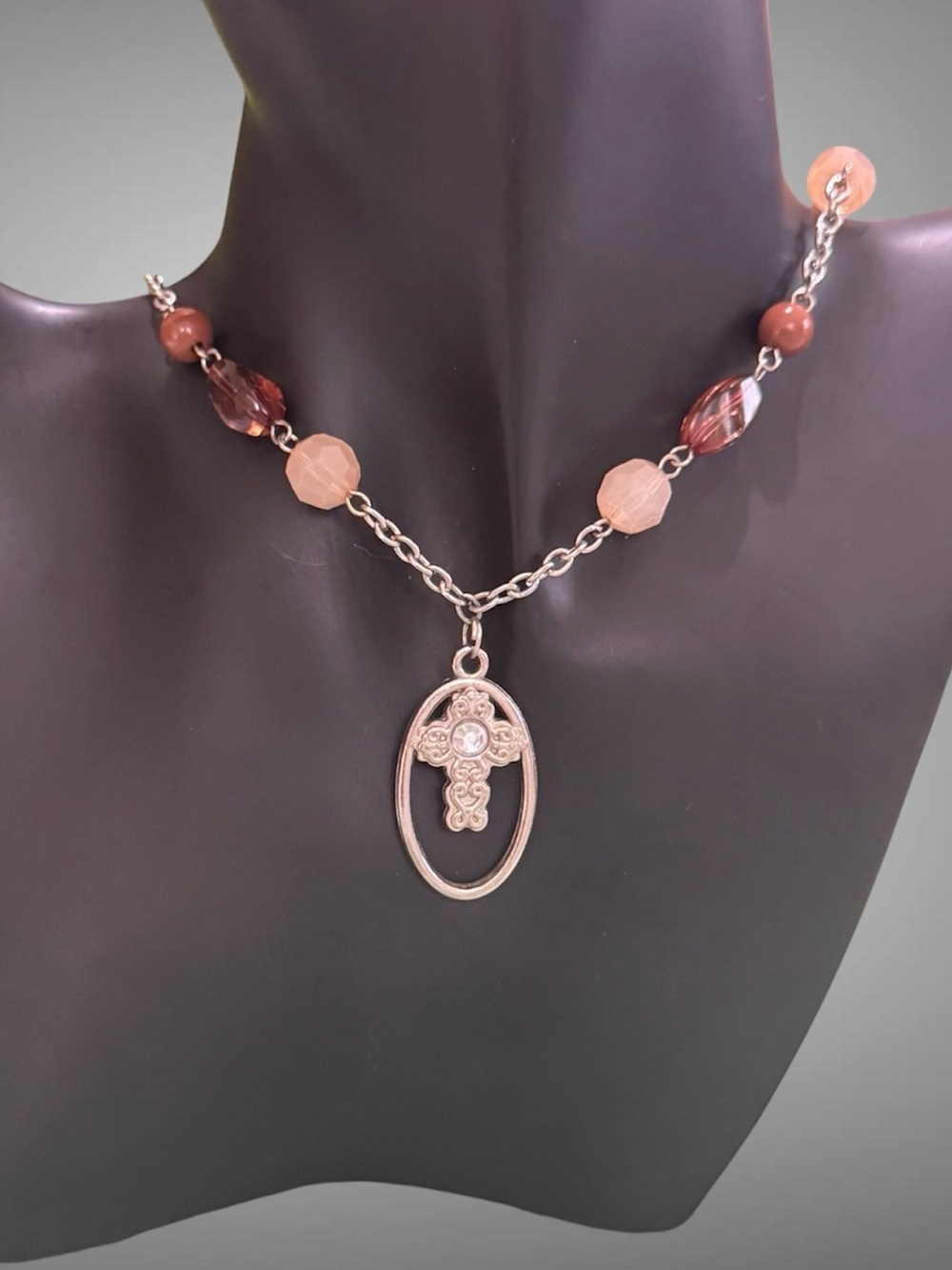 VINTAGE BEADED CROSS CHARM NECKLACE